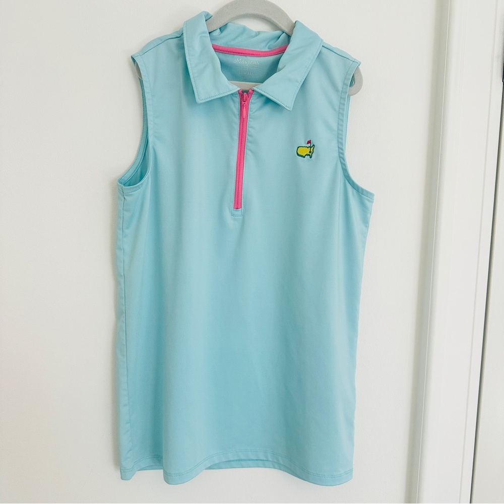 Masters Golf Aqua Light Blue Polo Sleeveless Pink Trim Zip Collar L 10 - 12